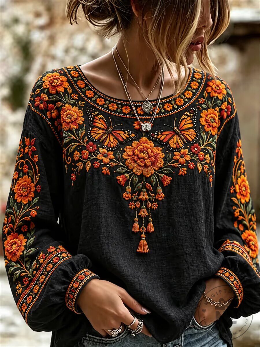 Embroidered Floral Butterfly Mexican Peasant Style Long-Sleeve Top
