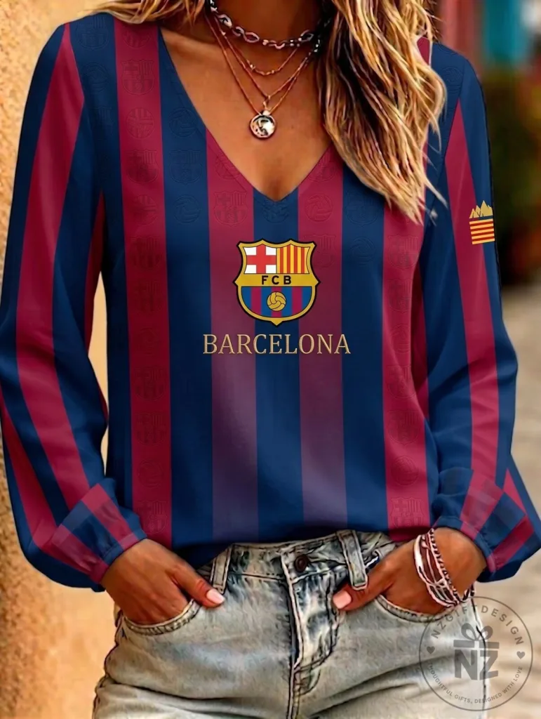 FC Barcelona Women's V-Neck Long Sleeve Shirt 30 FC Barcelona Women's V-Neck Long Sleeve Shirt