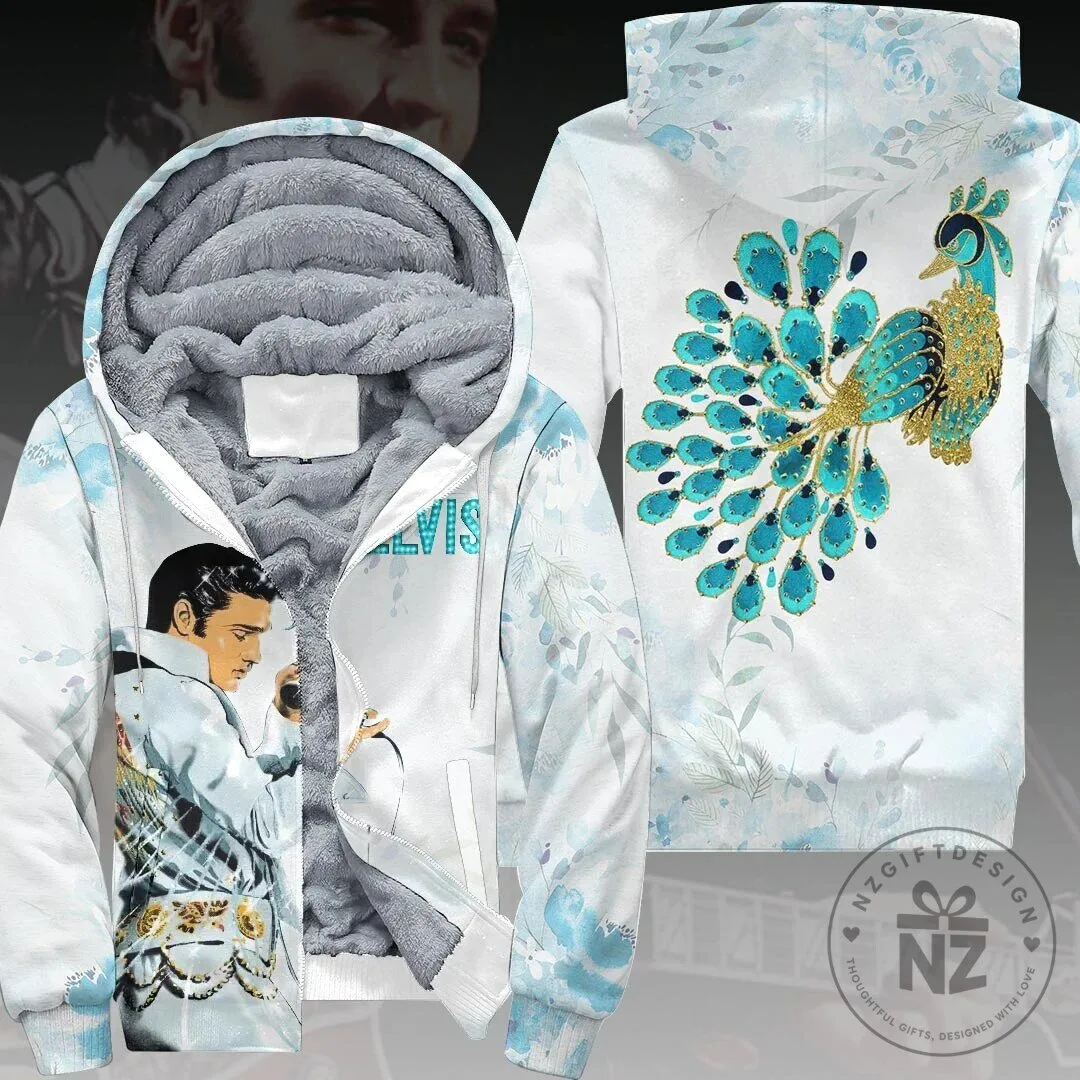 Elvis Presley Blue Peacock Design Fleece Zip Hoodie