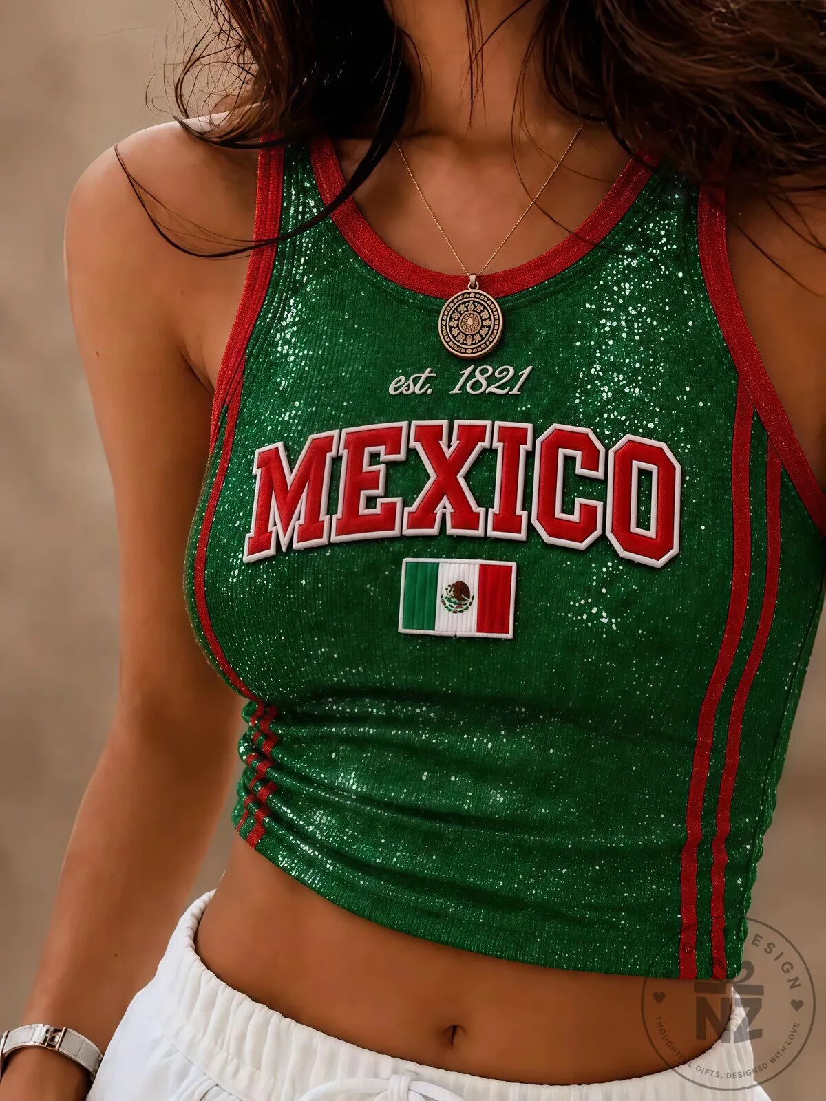 Mexico Flag Sequin Ribbed Cropped Tank Top