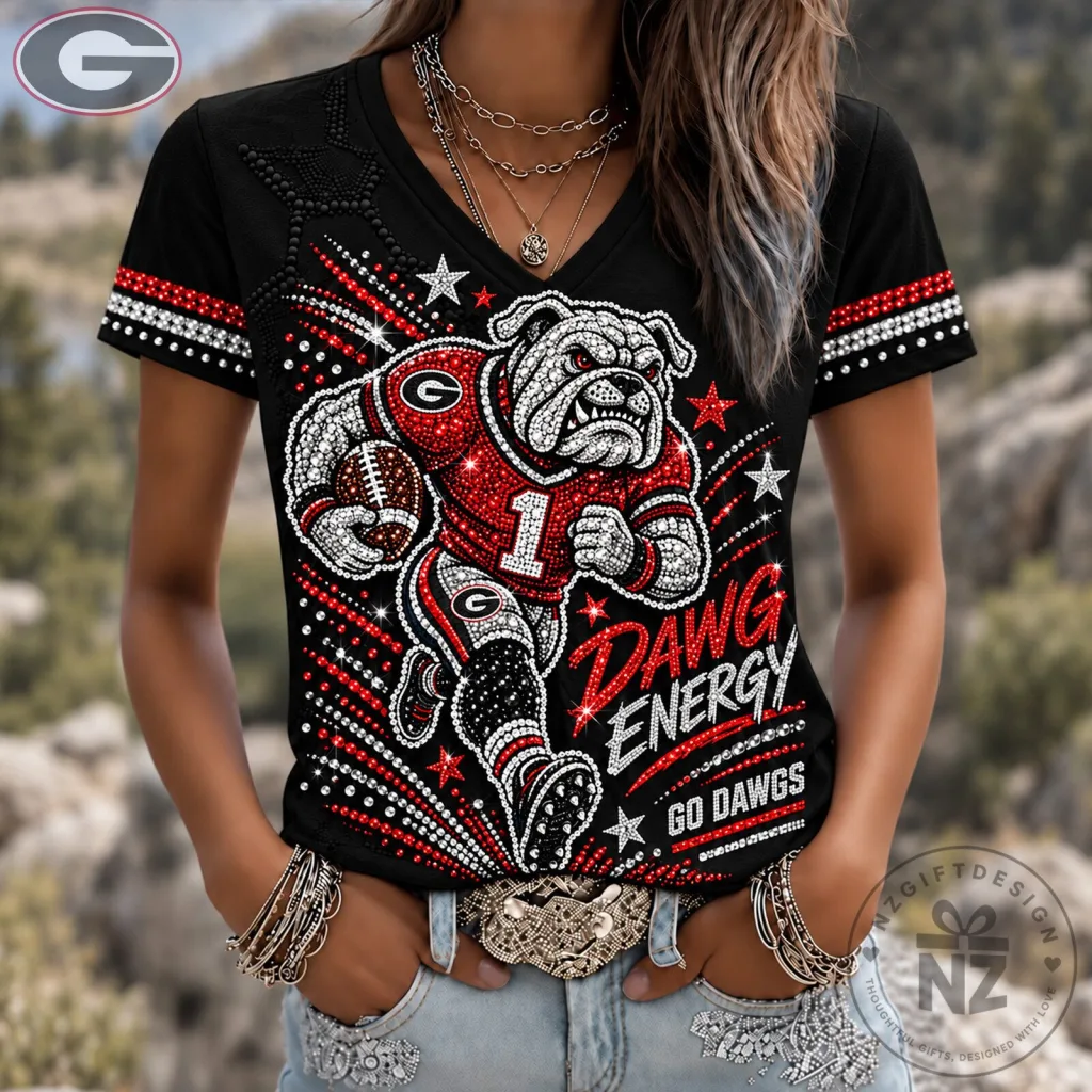 Georgia Bulldogs Dawg Energy Football Rhinestone V-Neck T-Shirt Georgia Bulldogs Dawg Energy Football Rhinestone V-Neck T-Shirt