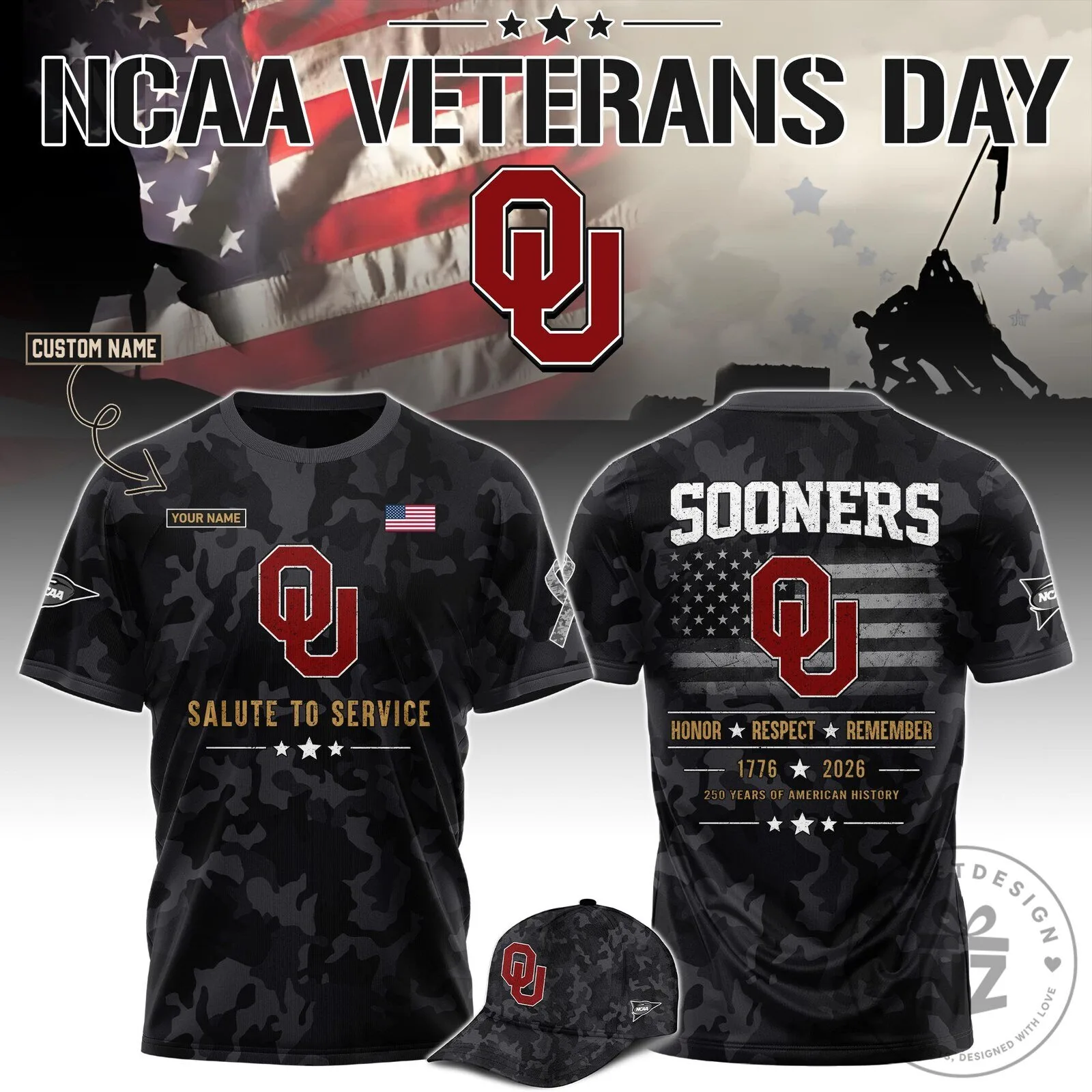 Oklahoma Sooners NCAA Veterans Day Salute To Service Black Camouflage T-Shirt