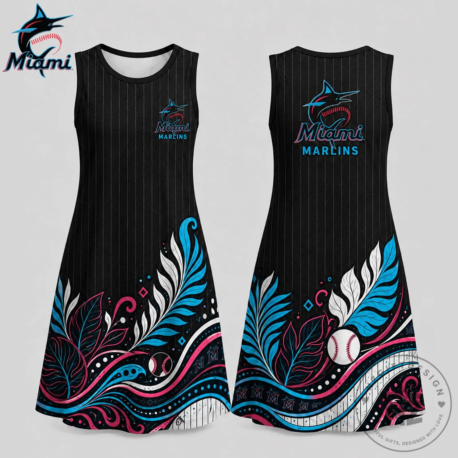 Miami Marlins Baseball Floral Pattern Sleeveless Dress