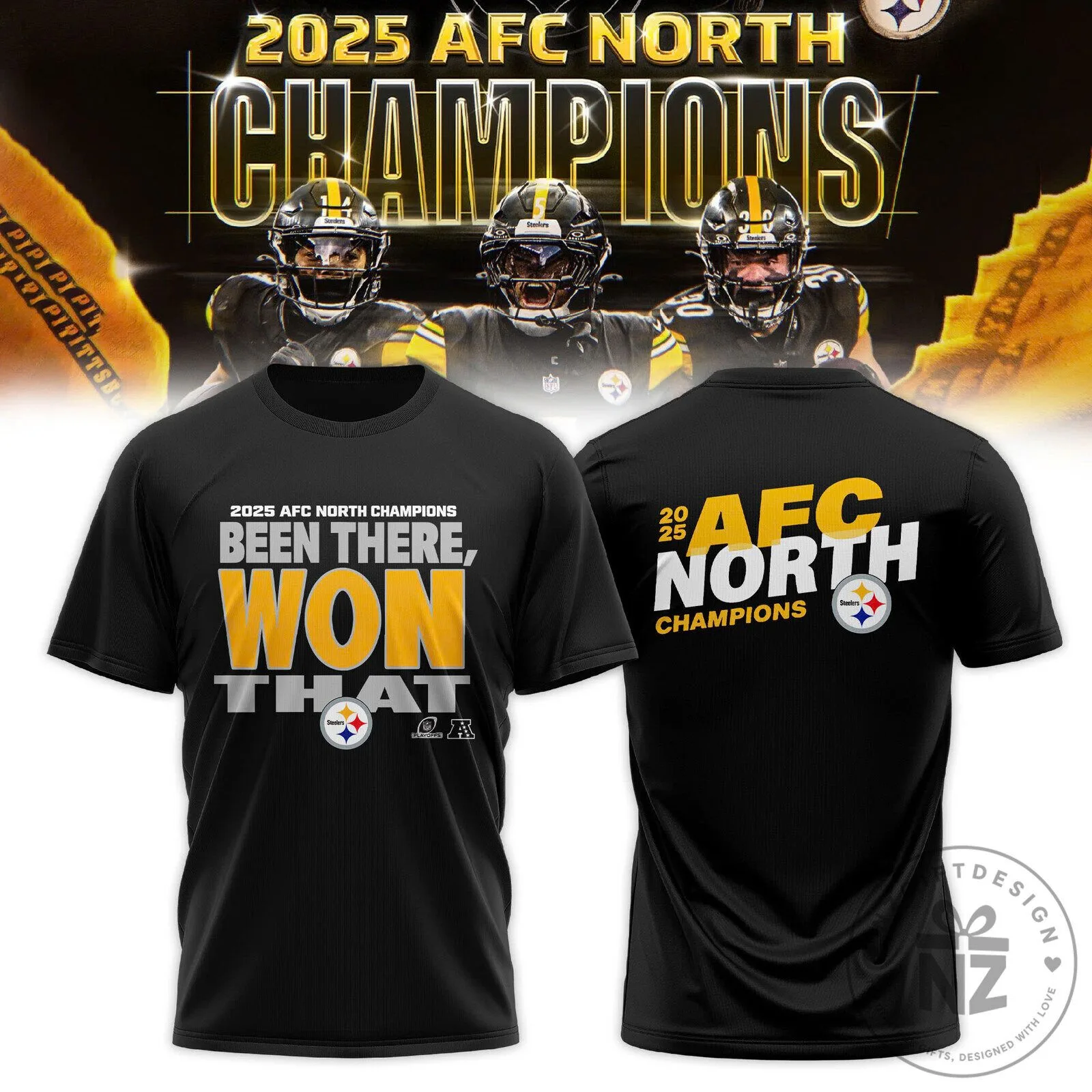 _ Pittsburgh Steelers 2025 AFC North Division Champions Locker Room T-Shirt - BTF Trend 1 _ Pittsburgh Steelers 2025 AFC North Division Champions Locker Room T-Shirt - BTF Trend