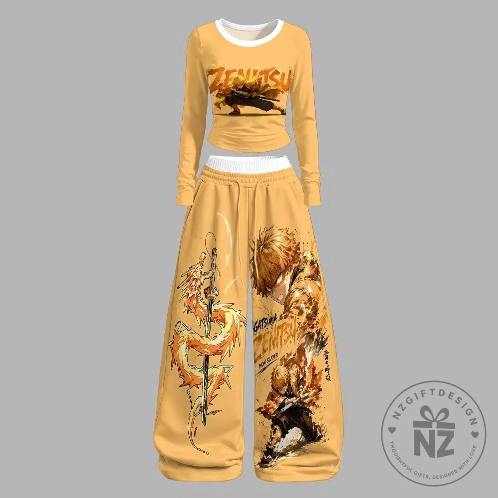 Demon Slayer Zenitsu Agatsuma Anime Character Long Sleeve Crop Top and Pants Set