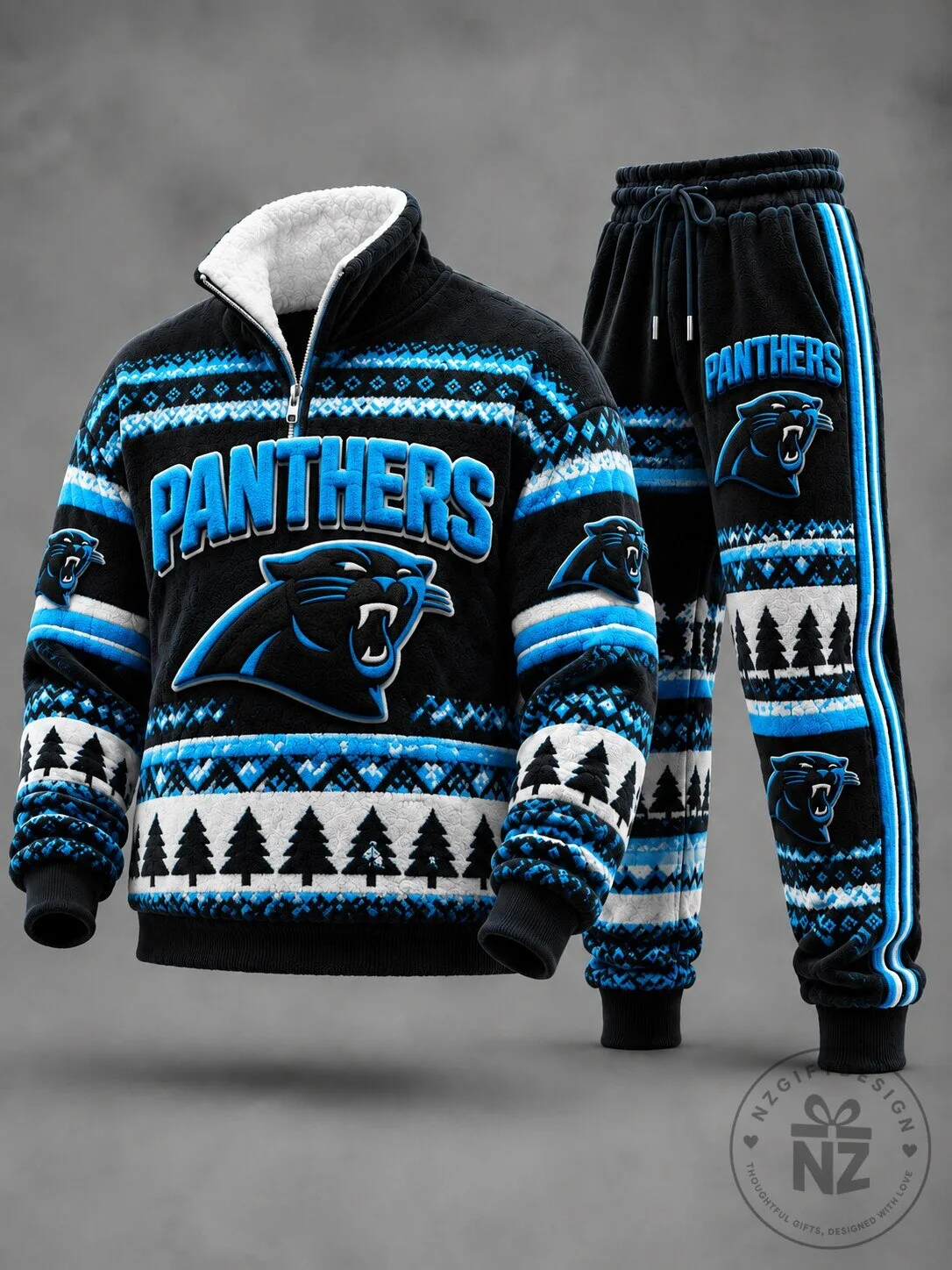 Carolina Panthers Christmas Ugly Sweater Quarter-Zip Pullover and Jogger Sweatpants Set