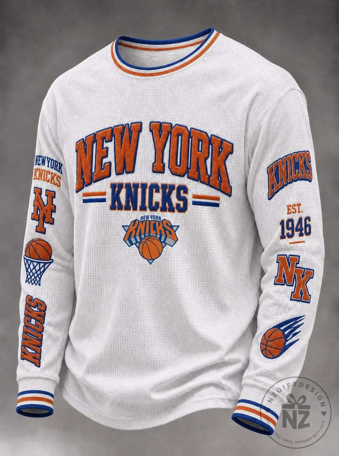 New York Knicks Basketball Team Logo White Long Sleeve Sweatshirt