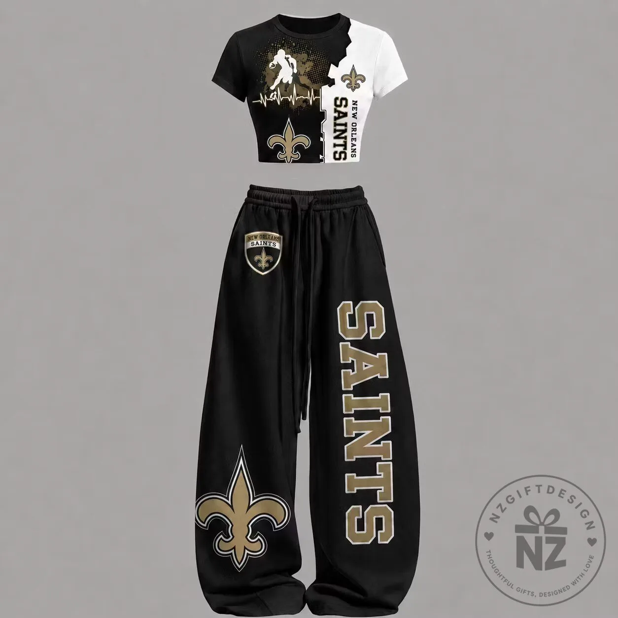 New Orleans Saints Football Team Black and Gold Womens Crop Top and Pants Set