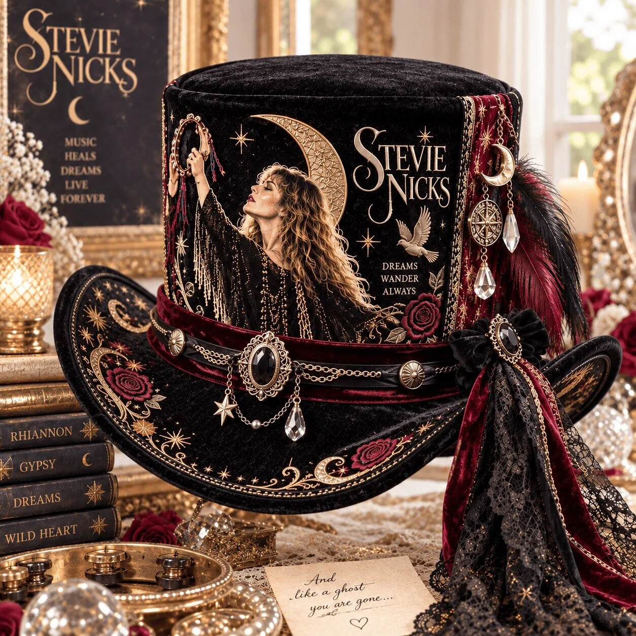 Stevie Nicks Dreams Wander Always Gold Moon Black Velvet Top Hat