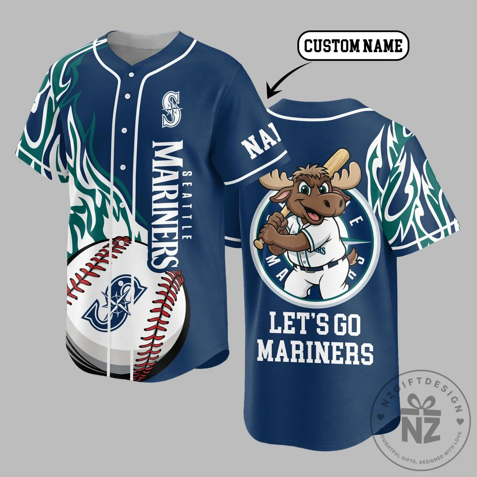 Seattle Mariners Baseball Jersey with Custom Name and Moose Mascot
