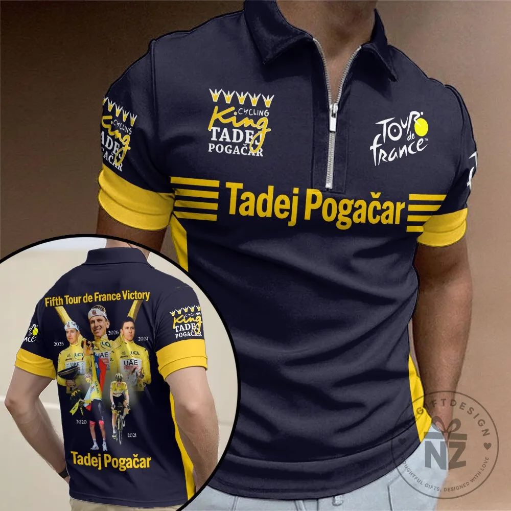 Tadej Pogačar Tour de France Cycling King Zipper Polo Shirt