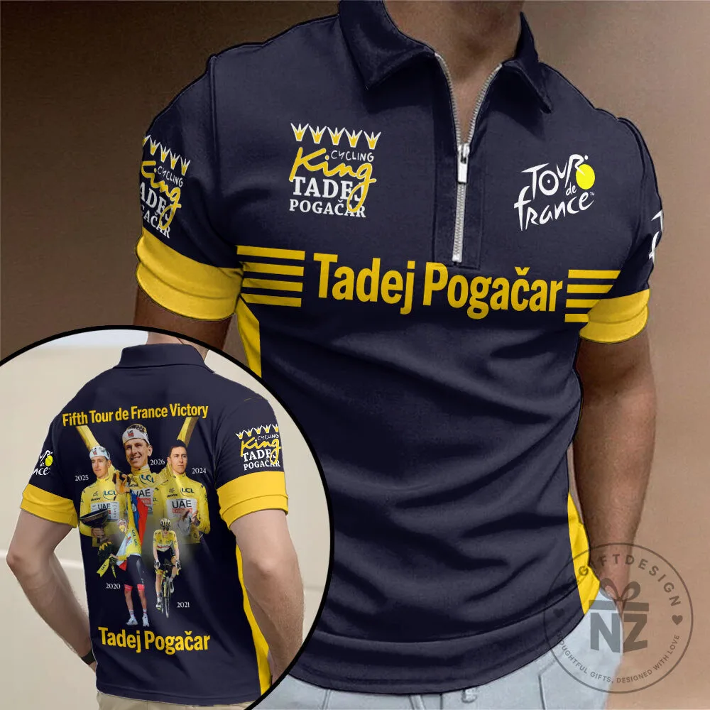 Tadej Pogačar Tour de France Cycling King Zipper Polo Shirt