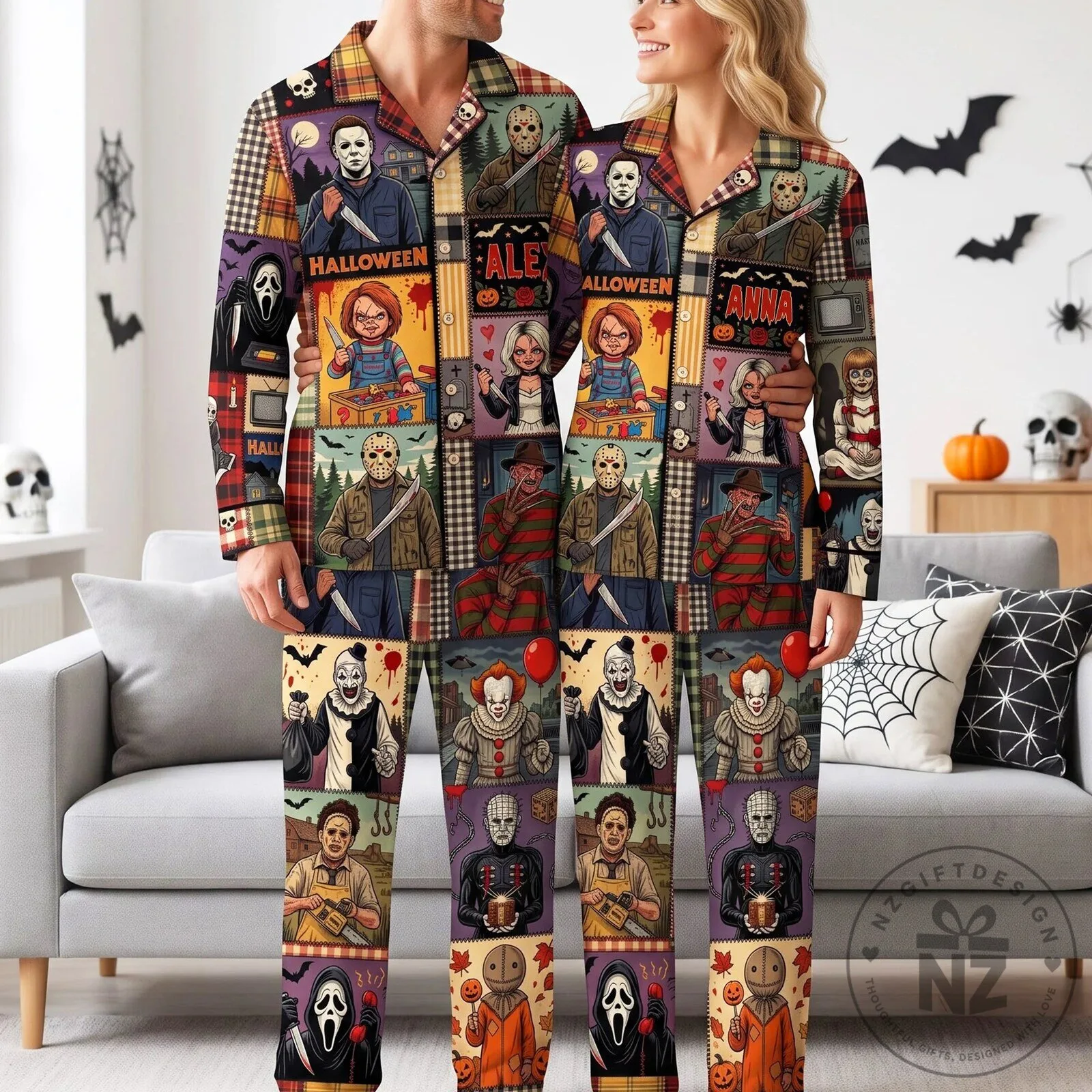 Matching Pajamas Set with Patchwork Pattern of Halloween Horror Movie Villains