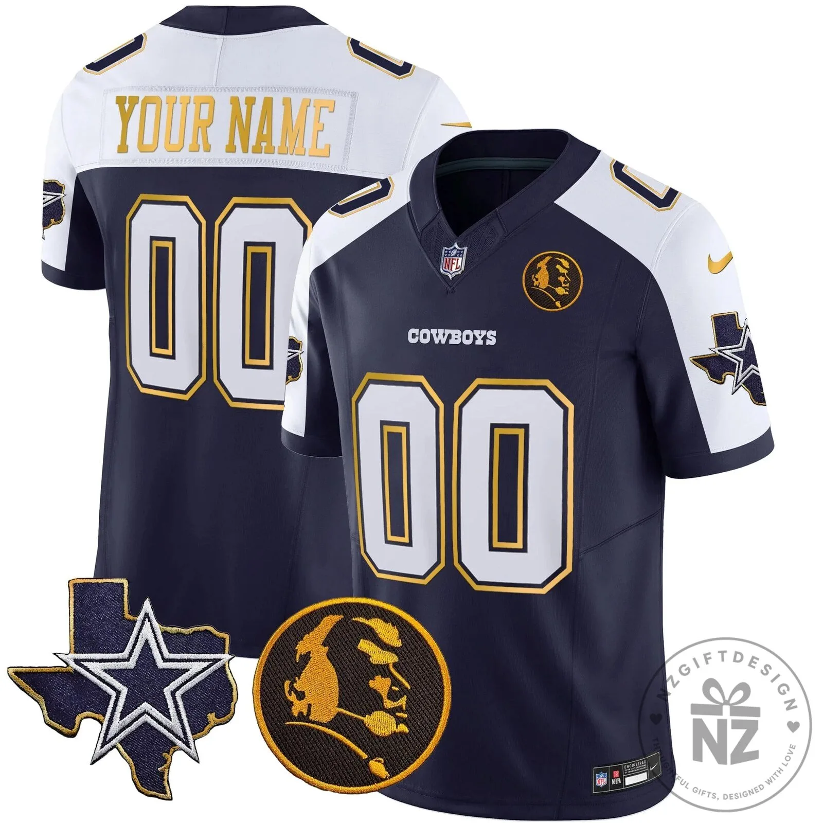Custom Football Jersey with Gold Trim and John Madden Patch for Dallas Cowboys
