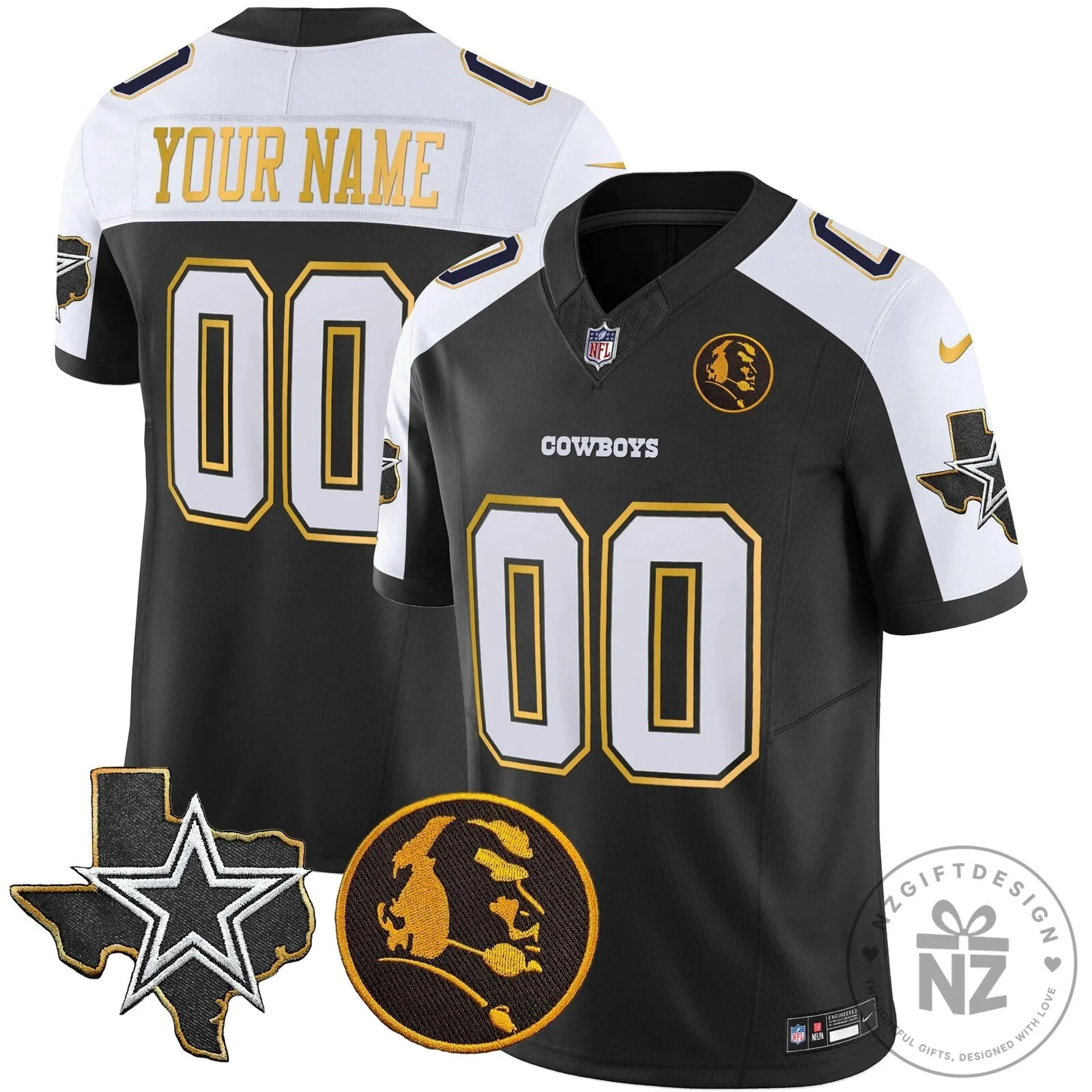 Custom Football Jersey with Gold Trim and John Madden Patch for Dallas Cowboys 15 Custom Football Jersey with Gold Trim and John Madden Patch for Dallas Cowboys