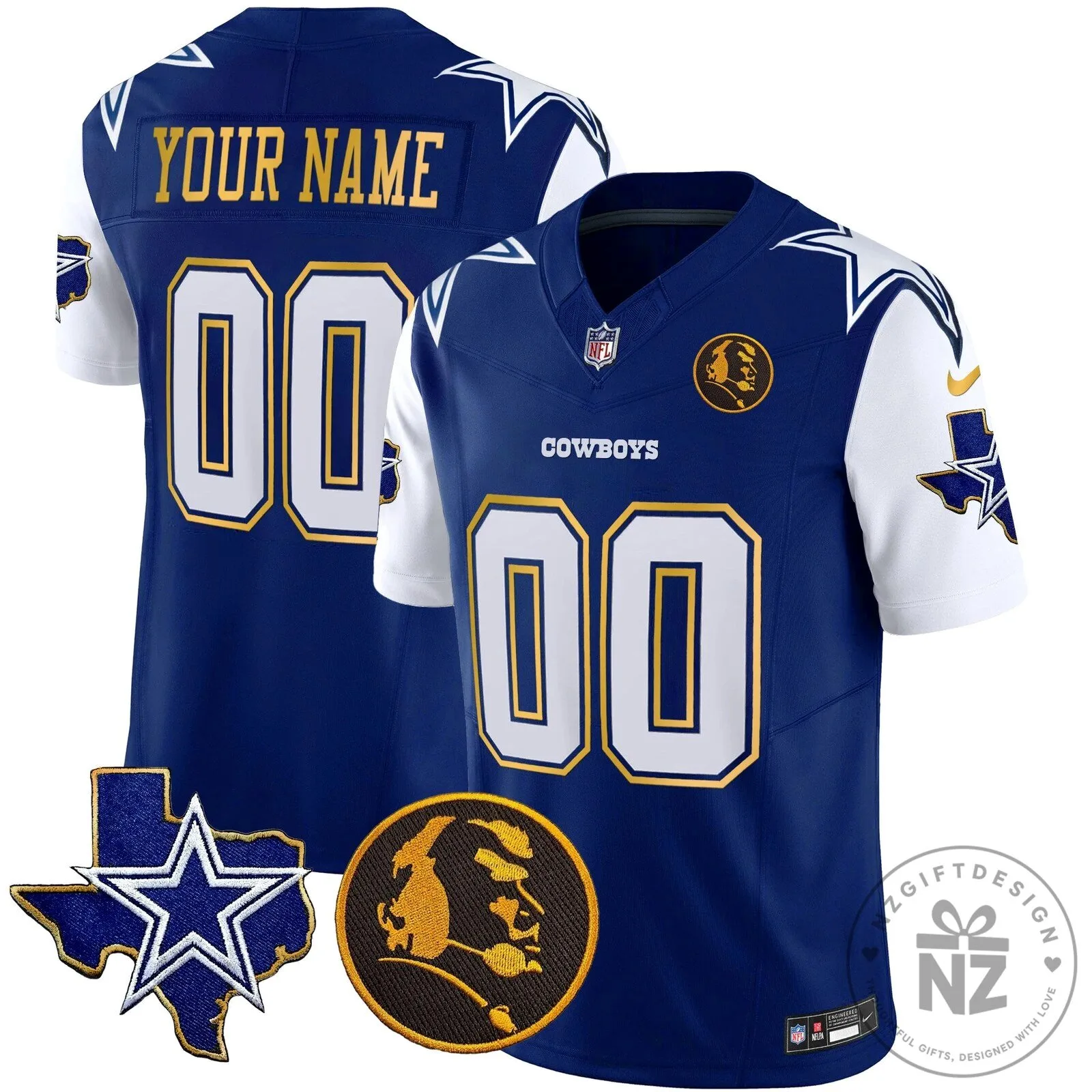 Custom Football Jersey with Gold Trim and John Madden Patch for Dallas Cowboys 16 Custom Football Jersey with Gold Trim and John Madden Patch for Dallas Cowboys