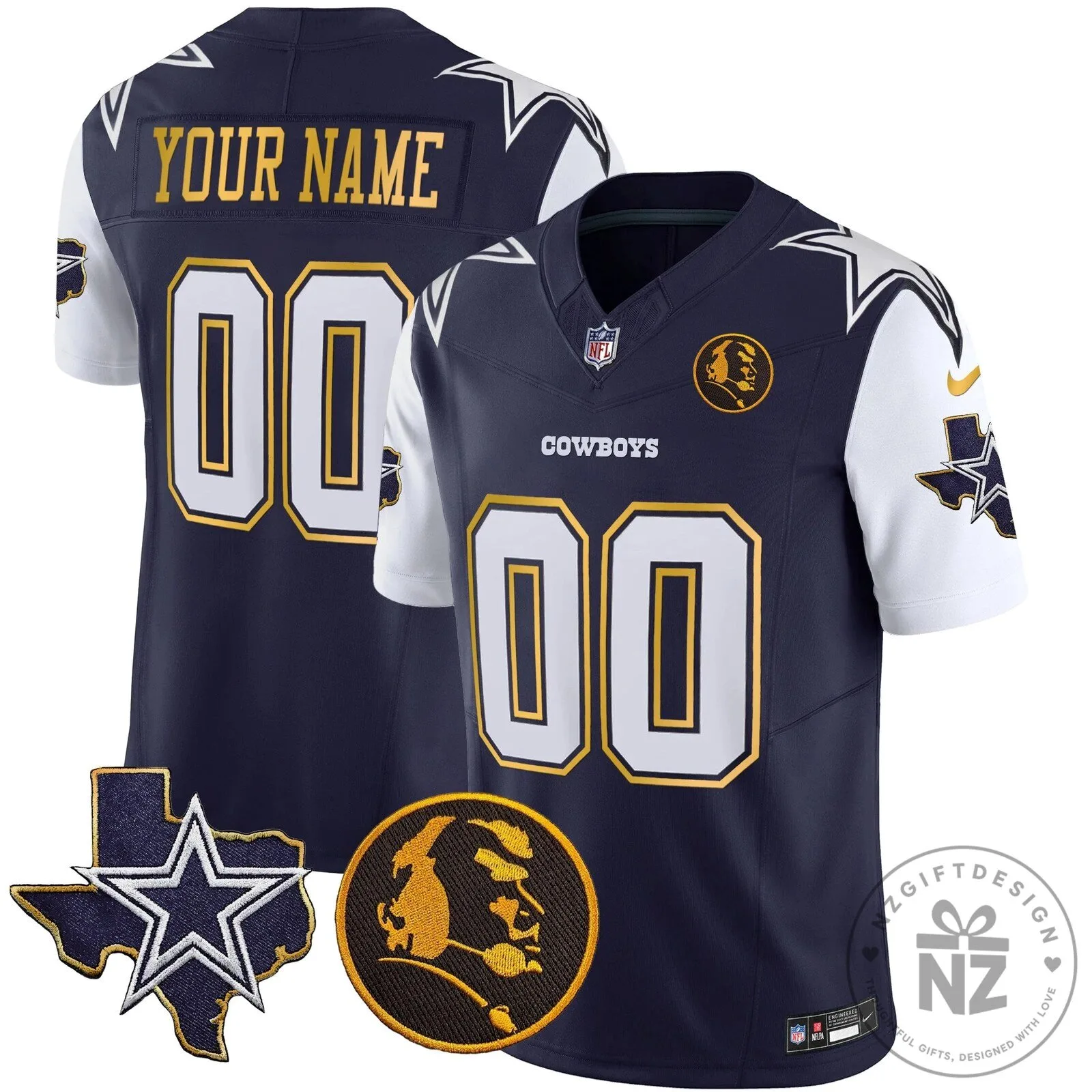 Custom Football Jersey with Gold Trim and John Madden Patch for Dallas Cowboys 17 Custom Football Jersey with Gold Trim and John Madden Patch for Dallas Cowboys