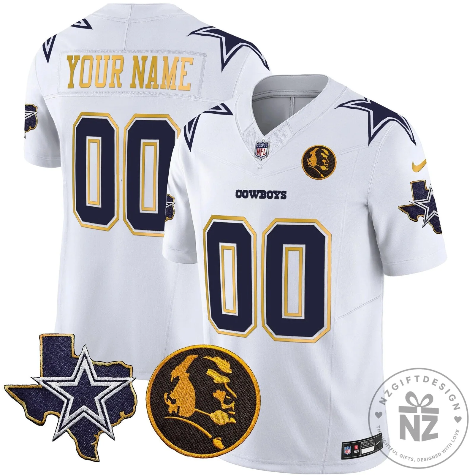 Custom Football Jersey with Gold Trim and John Madden Patch for Dallas Cowboys 18 Custom Football Jersey with Gold Trim and John Madden Patch for Dallas Cowboys