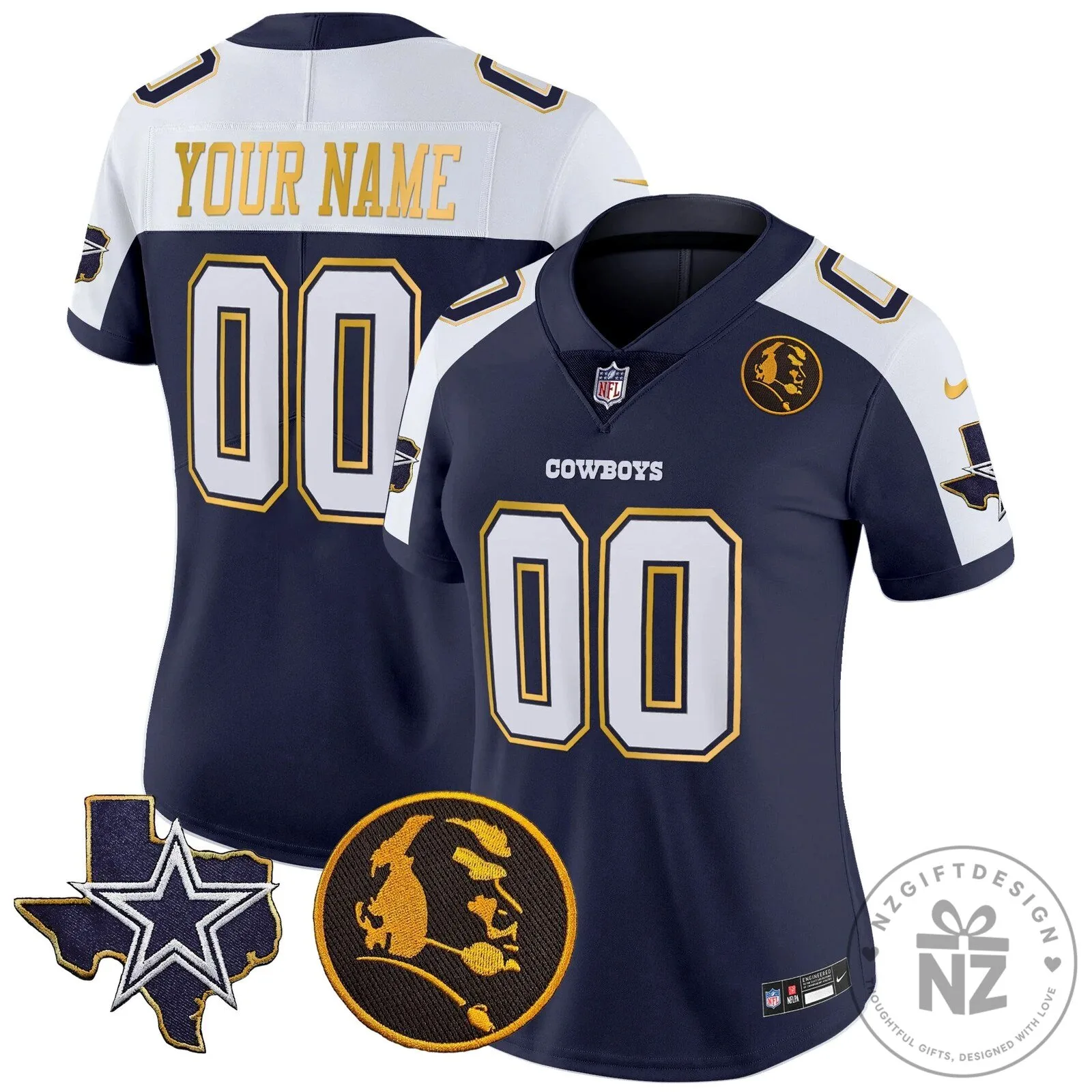 Custom Football Jersey with Gold Trim and John Madden Patch for Dallas Cowboys 19 Custom Football Jersey with Gold Trim and John Madden Patch for Dallas Cowboys
