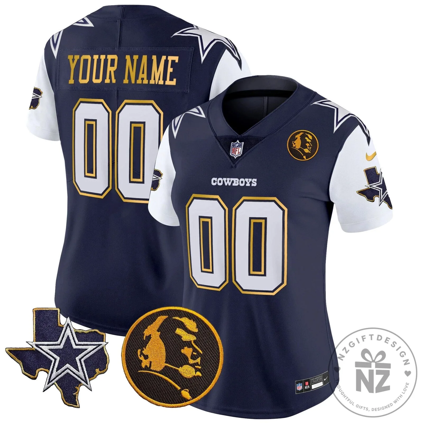 Custom Football Jersey with Gold Trim and John Madden Patch for Dallas Cowboys 22 Custom Football Jersey with Gold Trim and John Madden Patch for Dallas Cowboys