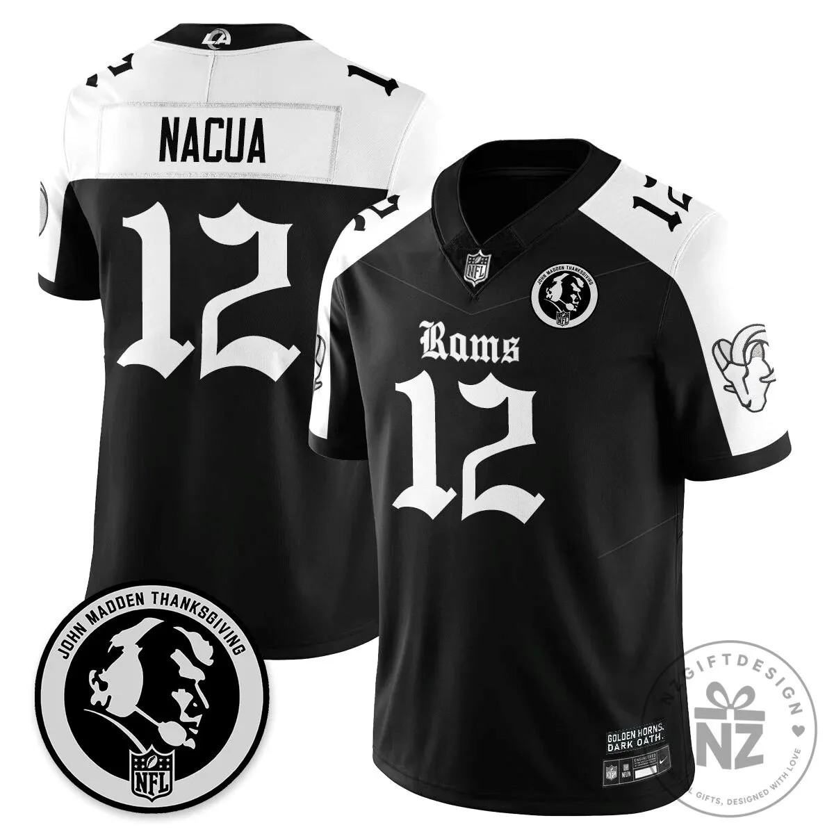 Puka Nacua Number 12 Football Jersey for Los Angeles Rams - John Madden Thanksgiving Edition