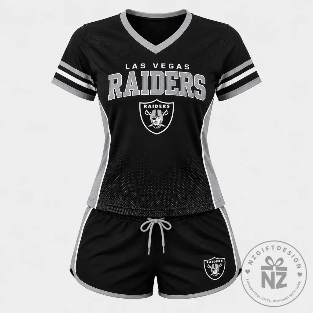 Las Vegas Raiders Women's Black and Gray V-Neck Top and Shorts Set Las Vegas Raiders Women's Black and Gray V-Neck Top and Shorts Set