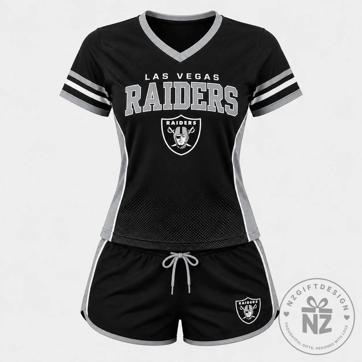 Las Vegas Raiders Women's Black and Gray V-Neck Top and Shorts Set 3 Las Vegas Raiders Women