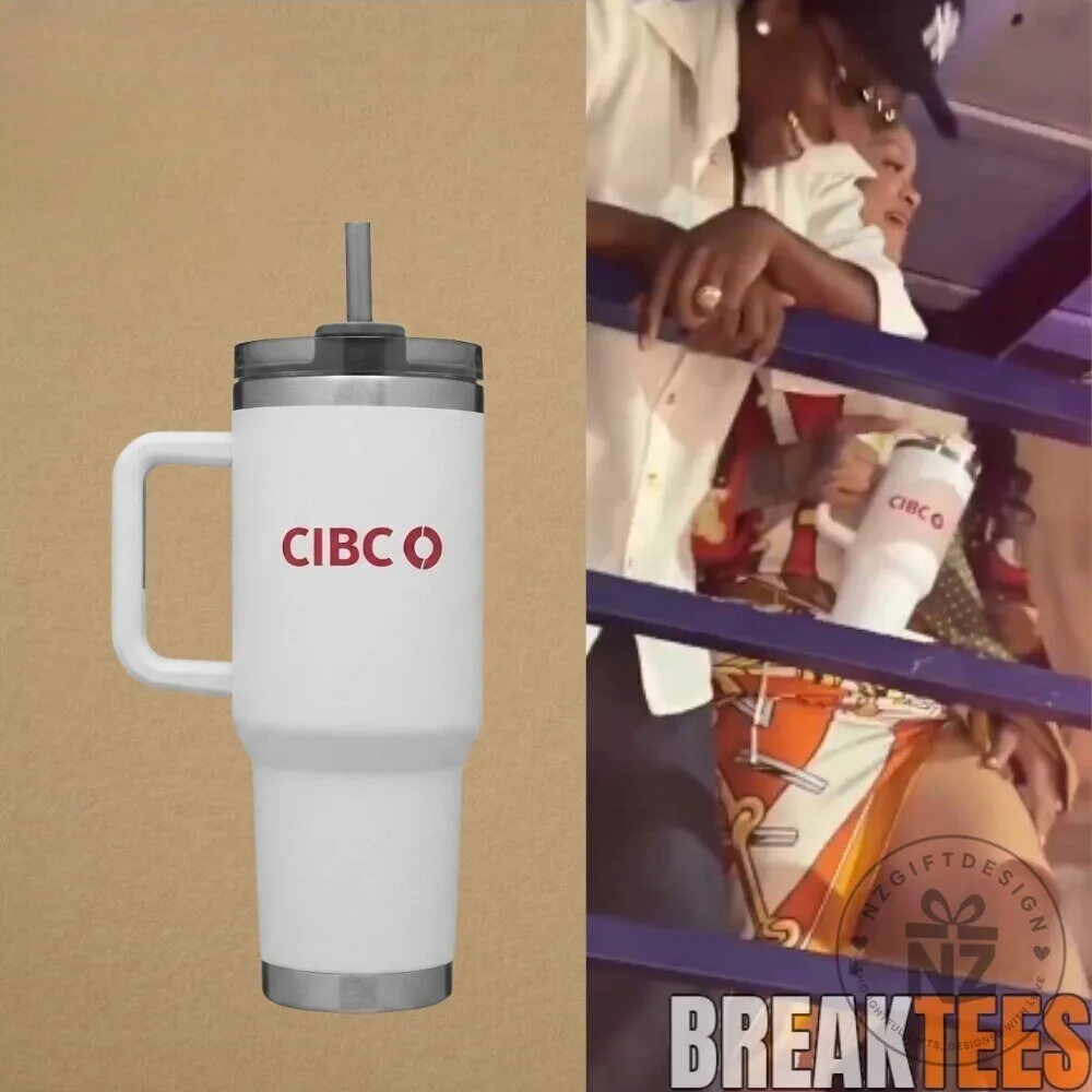 Insulated Travel Tumbler with Handle and Straw featuring CIBC Logo
