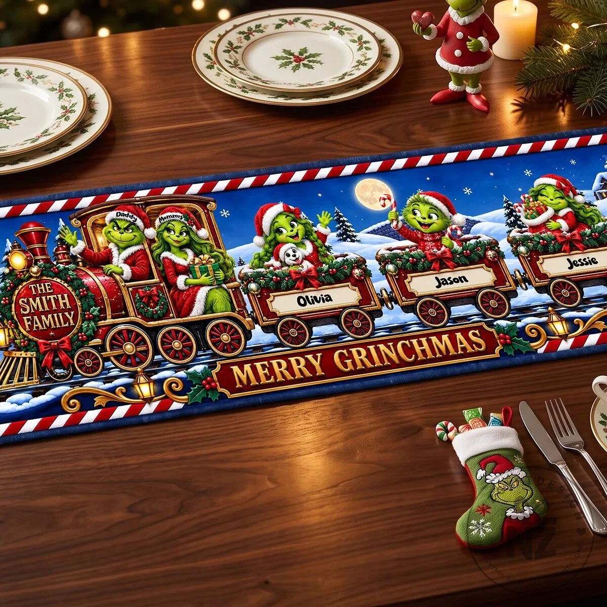 Grinch Family Christmas Train Table Runner
