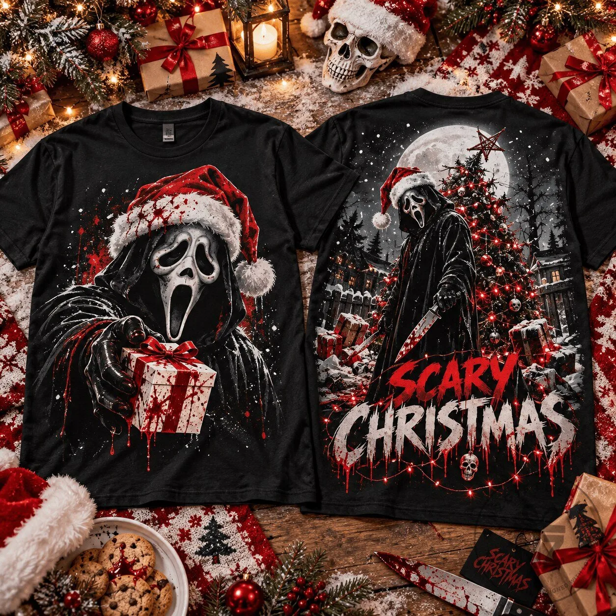 Ghostface Scary Christmas Horror Movie Santa Hat Black T-Shirt