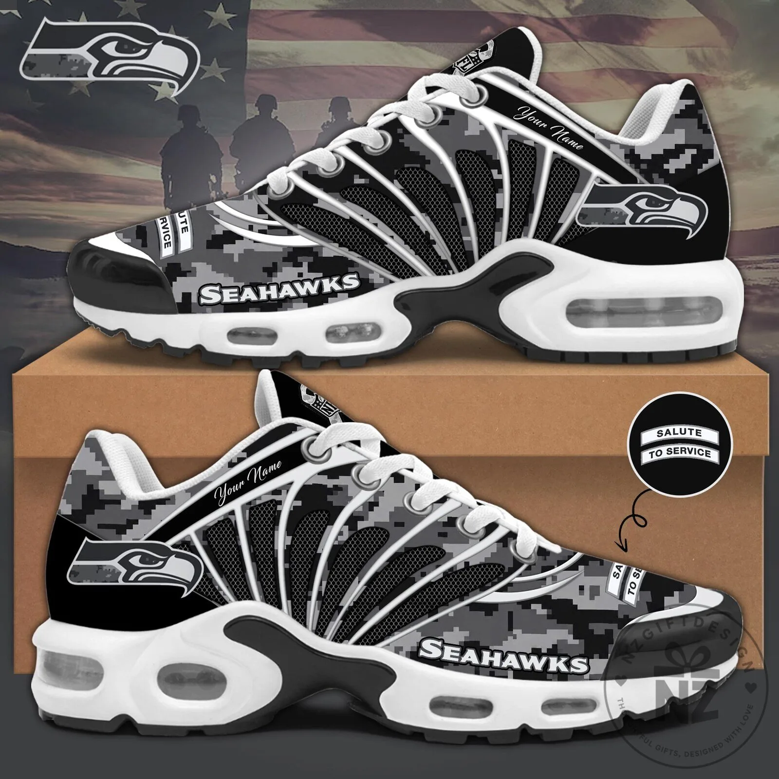Seattle Seahawks Salute to Service Custom Name Digital Camouflage Sneakers