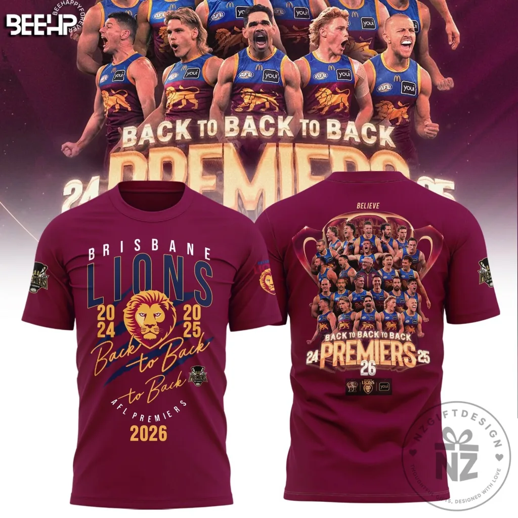 Brisbane Lions 2026 AFL Premiers Back to Back to Back T-Shirt Brisbane Lions 2026 AFL Premiers Back to Back to Back T-Shirt
