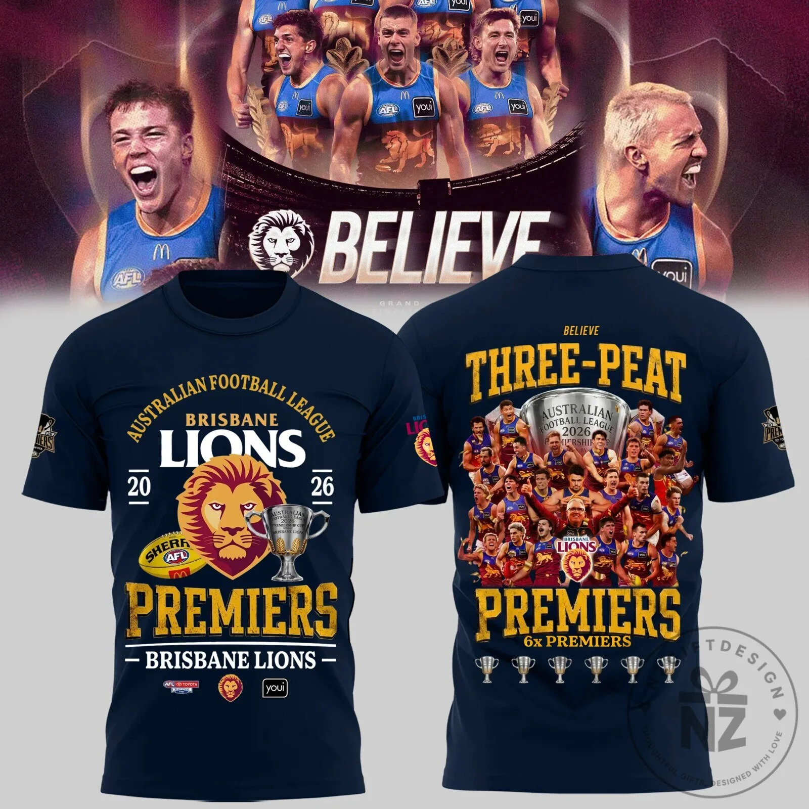 2026 Three-Peat Premiers T-Shirt for Brisbane Lions in the Australian Football League 1 2026 Three-Peat Premiers T-Shirt for Brisbane Lions in the Australian Football League