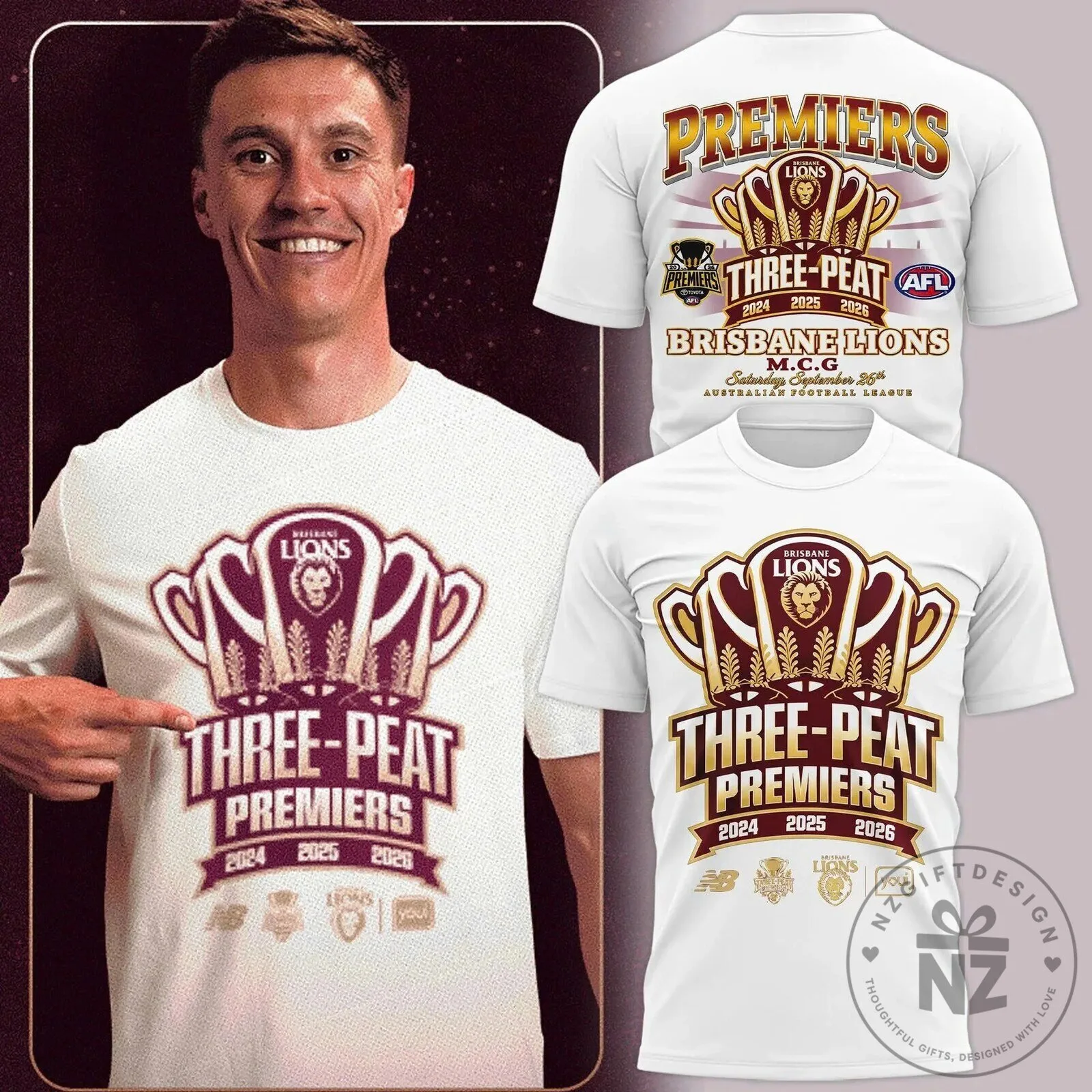 Brisbane Lions Australian Football League Three-Peat Premiers White T-Shirt