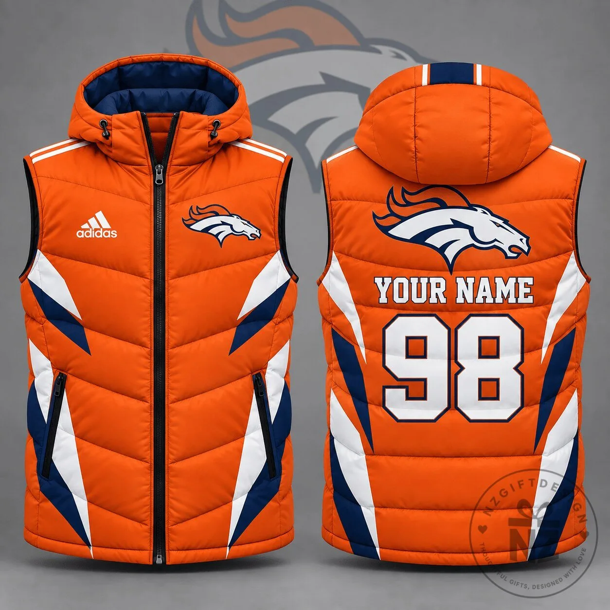Denver Broncos Personalized Puffer Vest with Hood for Men and Women