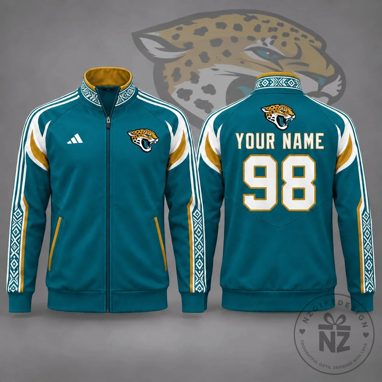 Jacksonville Jaguars Personalized Teal Track Jacket with White Stripes 2 Jacksonville Jaguars Personalized Teal Track Jacket with White Stripes