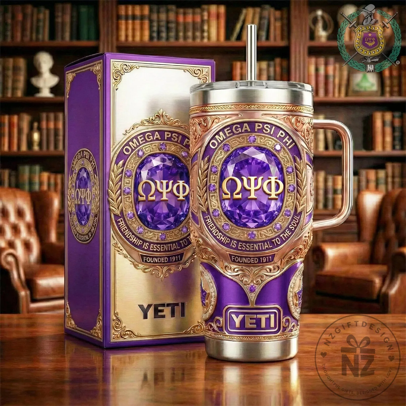Omega Psi Phi Fraternity Gold Purple Diamond Stainless Steel Tumbler with Handle