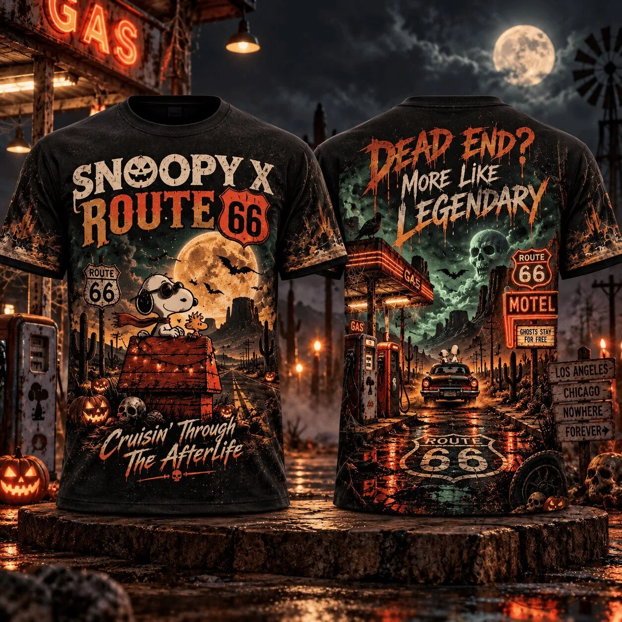 Snoopy and Woodstock Halloween Route 66 Cruisin' Through The Afterlife T-Shirt