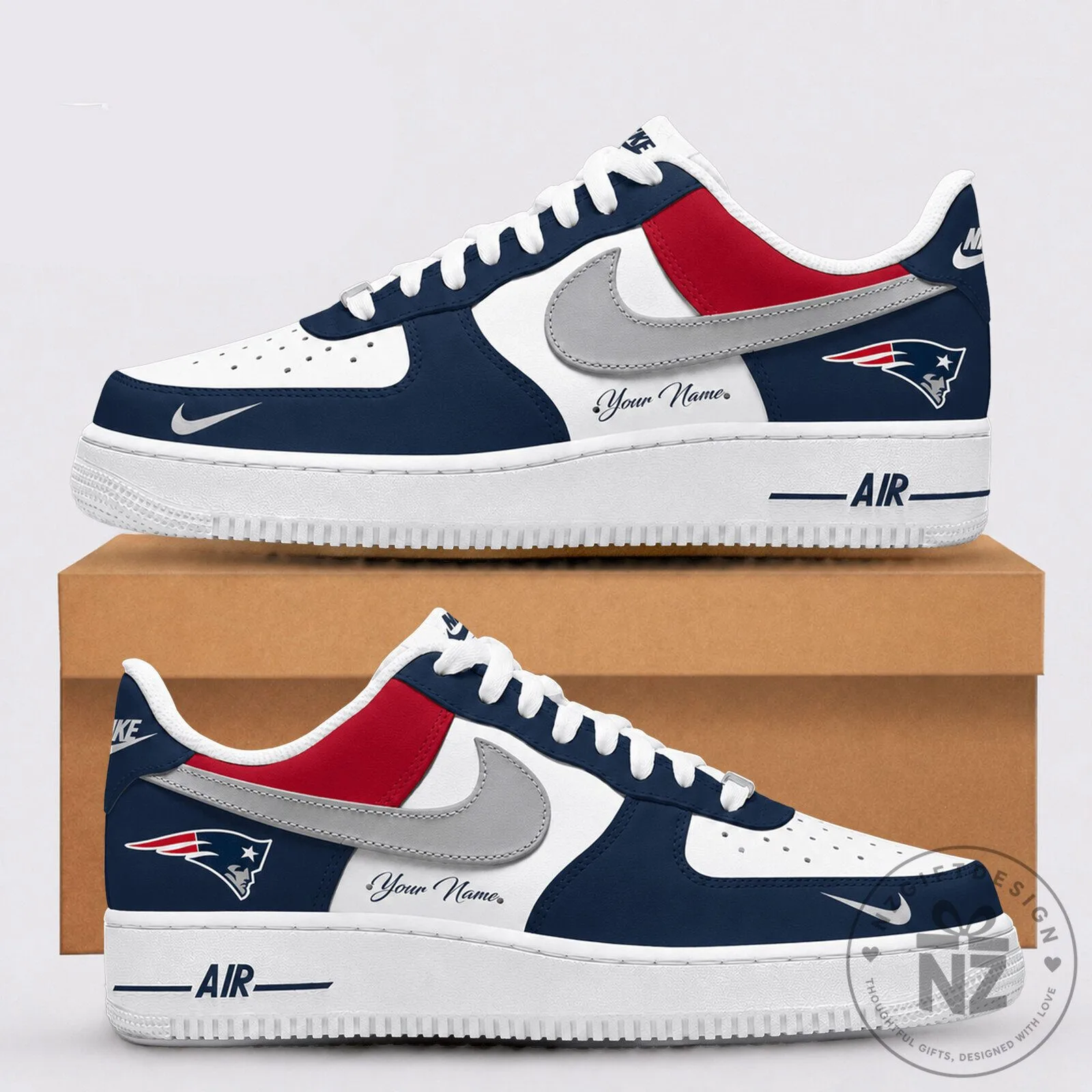 Custom Name Air Force One Style Sneakers for New England Patriots Fans