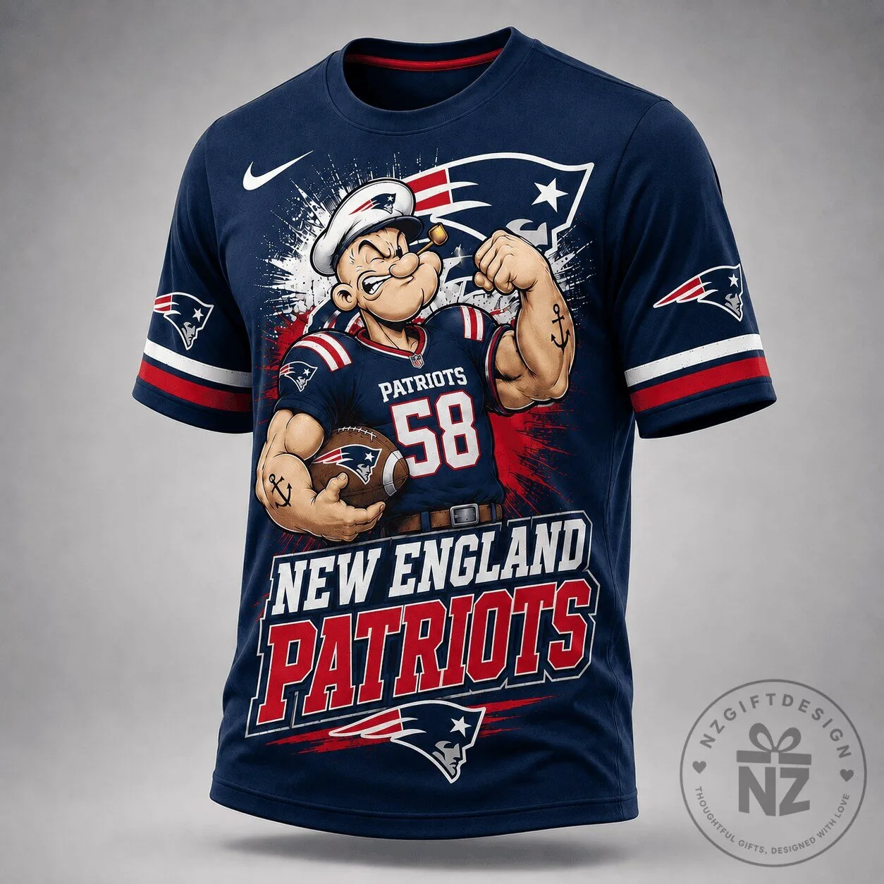 New England Patriots Popeye Football Player Navy Blue T-Shirt