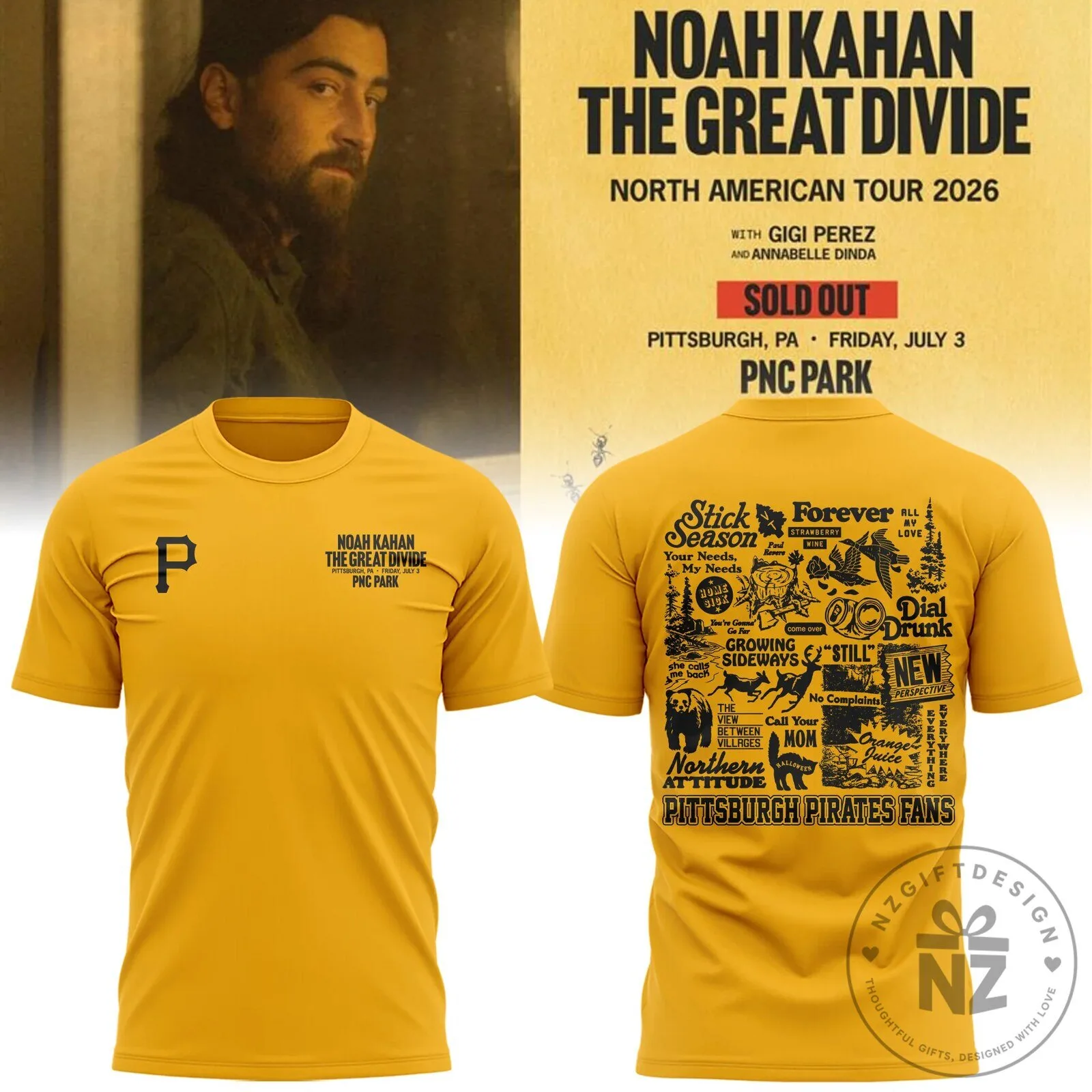 Noah Kahan The Great Divide Pittsburgh Pirates Yellow T-Shirt 2026 Tour