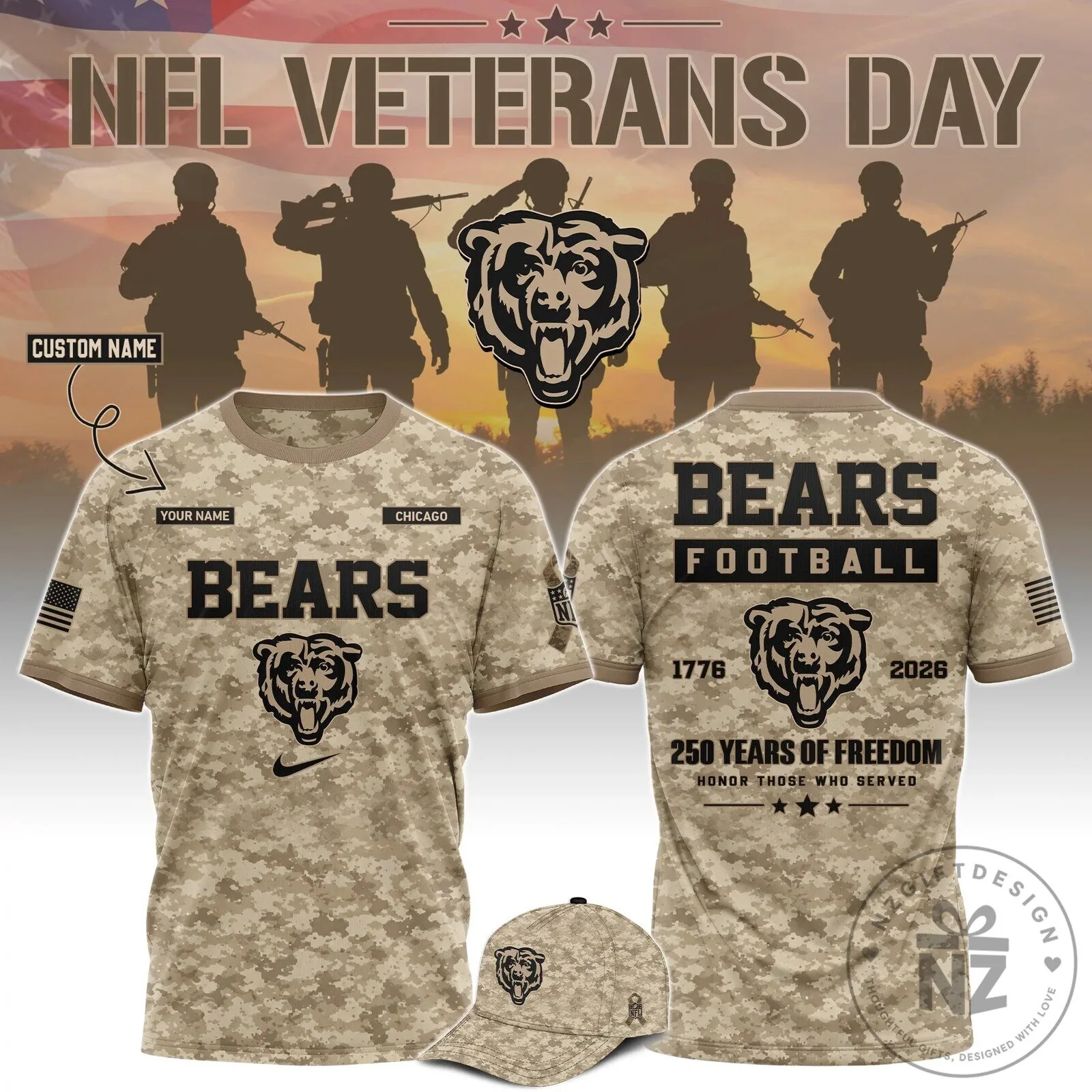 Chicago Bears Veterans Day Commemorative Football Team T-Shirt