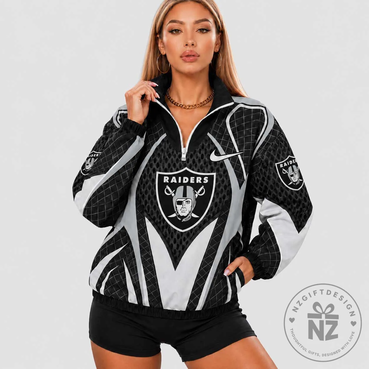 【激レア】NFL Raiders セットアップ Las Vegas Raiders NFL Football Team Black and White Quarter Zip Jacket