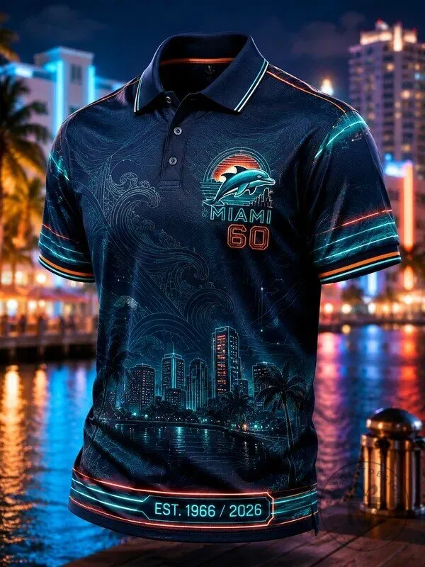 Miami Dolphins Game Day Apparel Polo Shirt for Men, Neon Cityscape Design with Team Logo