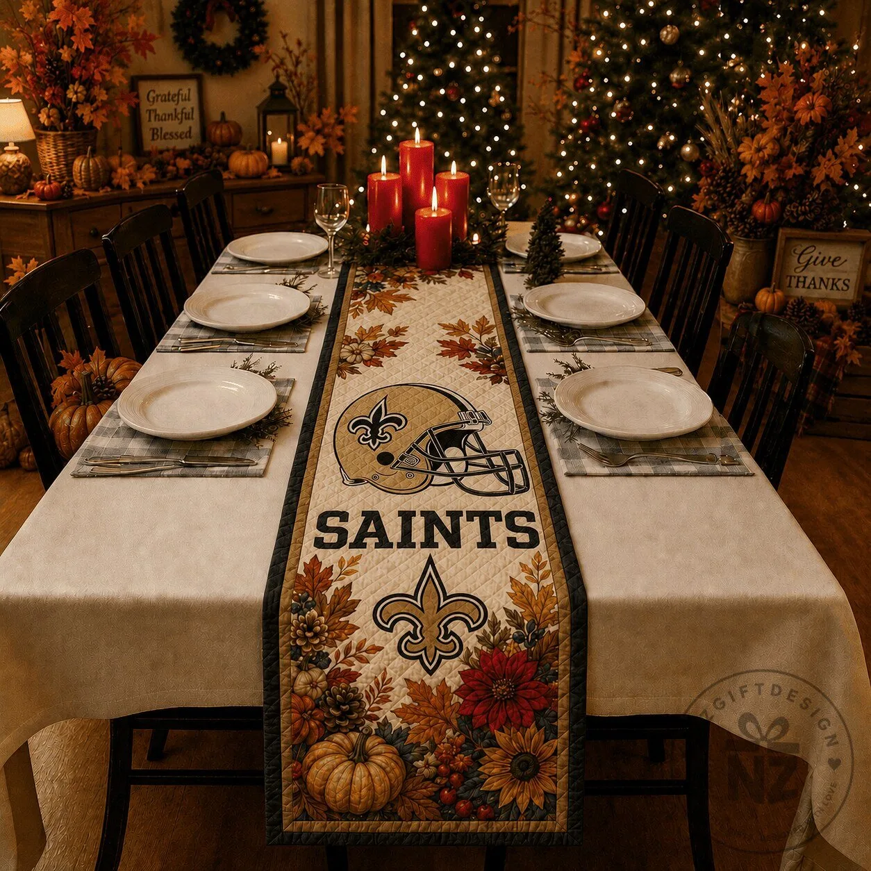 New Orleans Saints Football Team Thanksgiving Autumn Leaves Table Runner