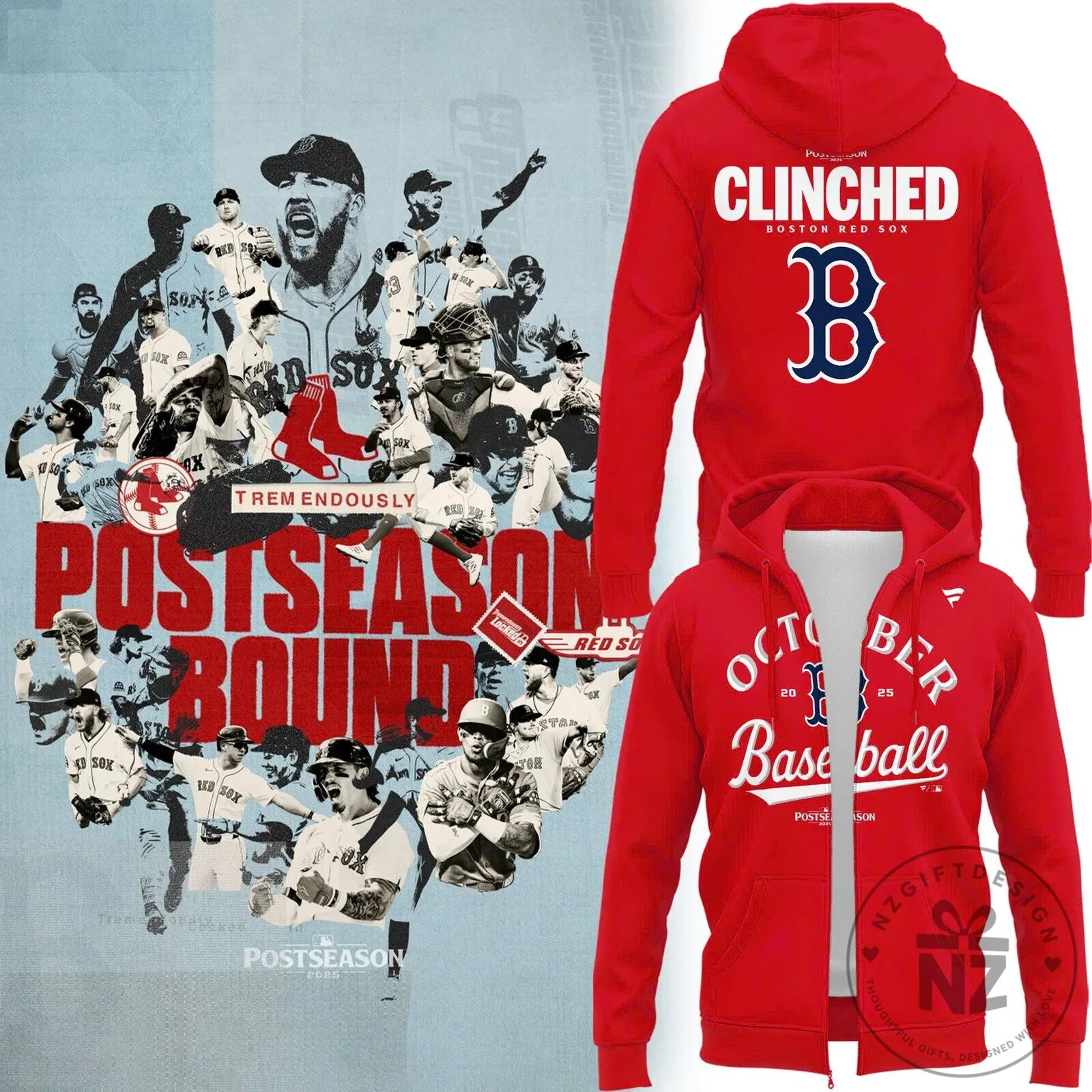 Boston Red Sox Baseball Postseason Bound Clinched Red Zip Hoodie