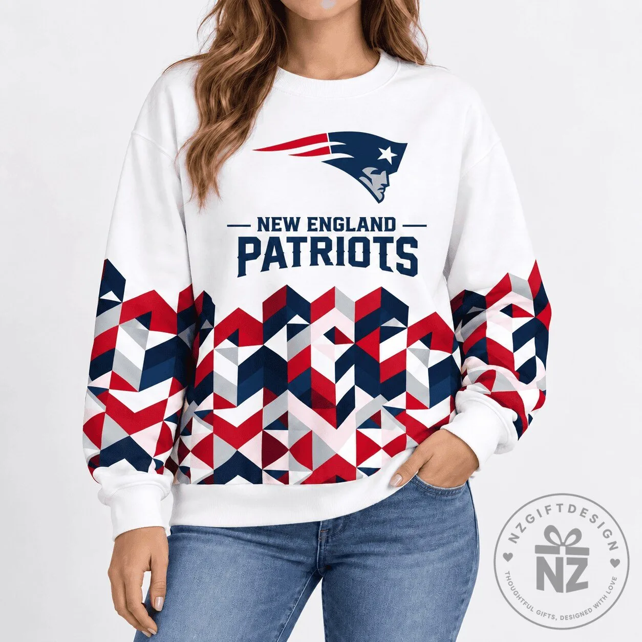 New England Patriots Geometric Chevron Pattern White Crewneck Sweatshirt