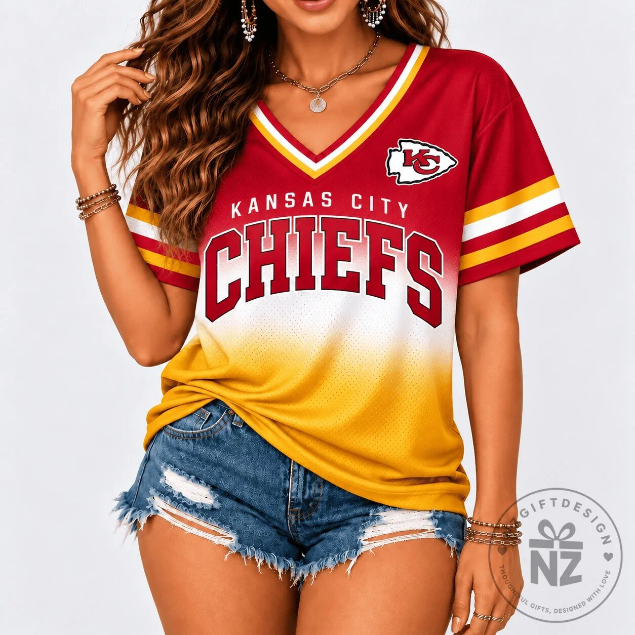 Kansas City Chiefs Womens Red and Gold Gradient V-Neck Football Jersey