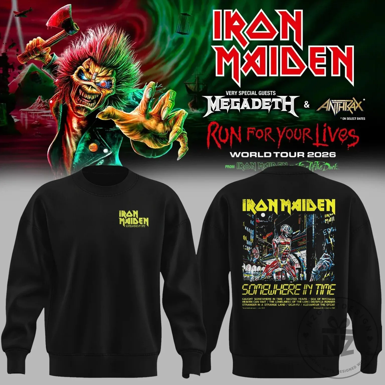 Heavy Metal Band Sweatshirt Featuring Iron Maiden's Somewhere In Time Album Tracklist