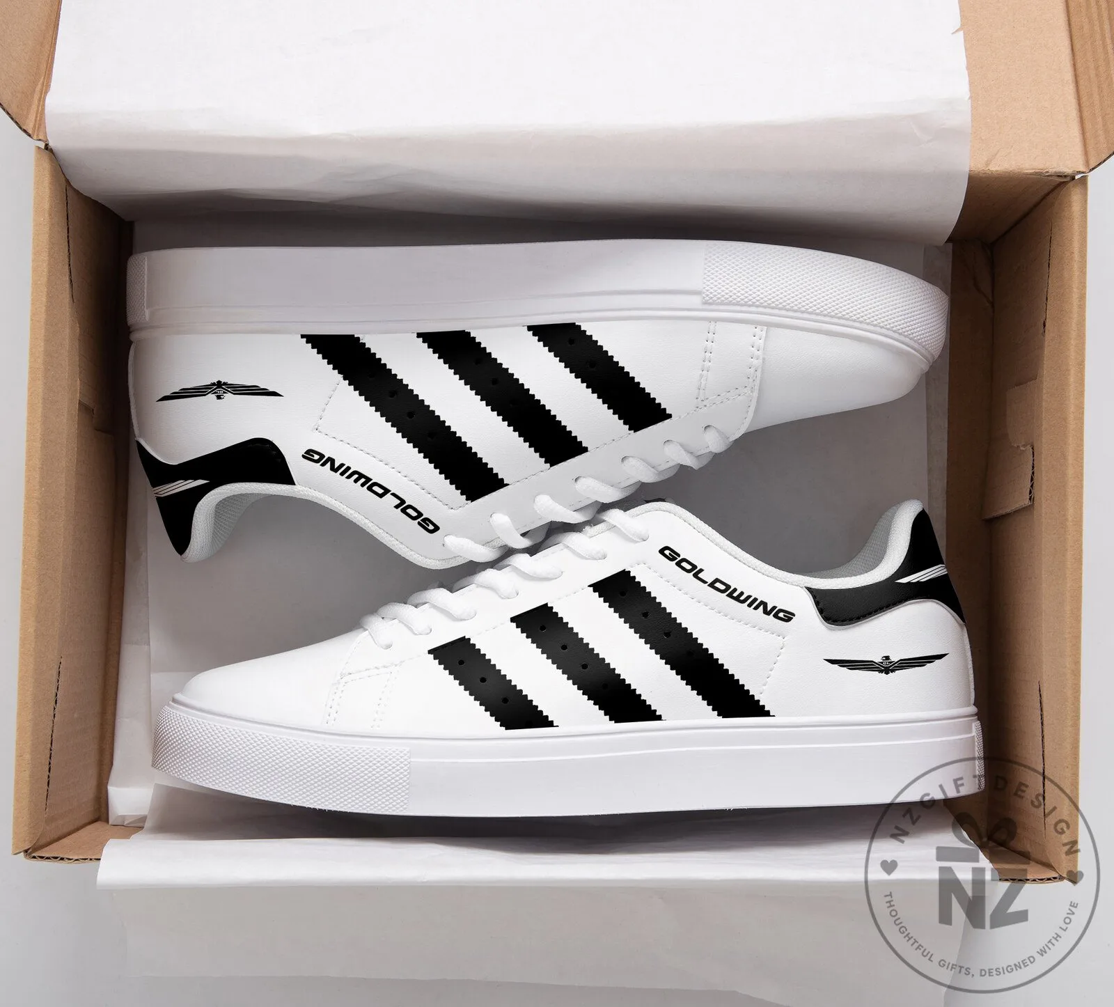 Honda Goldwing Motorcycle Logo White and Black Striped Shoes